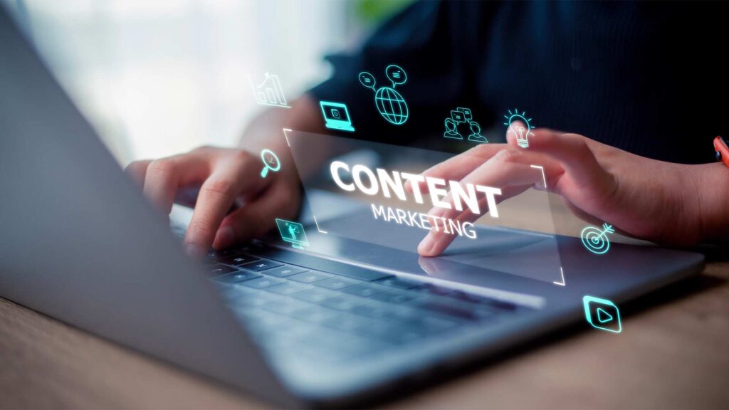 The image depicts a person's hands using a laptop with a glowing "Content Marketing" display and various digital marketing icons in the background. This visual metaphor represents the concept of "Does Content Marketing Work?" as the user explores the effectiveness and strategies of content marketing through digital technology.